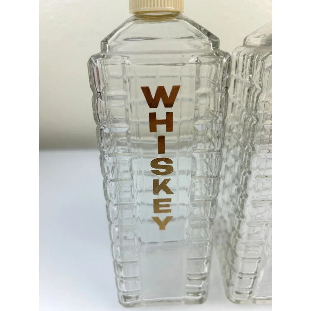 Vintage MCM Mid-Century KAROFF Whiskey & Scotch Clear Glass Barware Bottles
